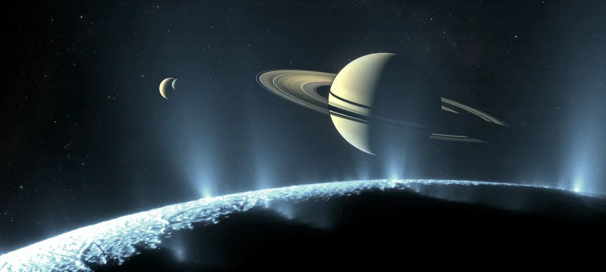 Saturn's moon Enceladus famously spews plumes of water vapor and ice particles from its south pole, 