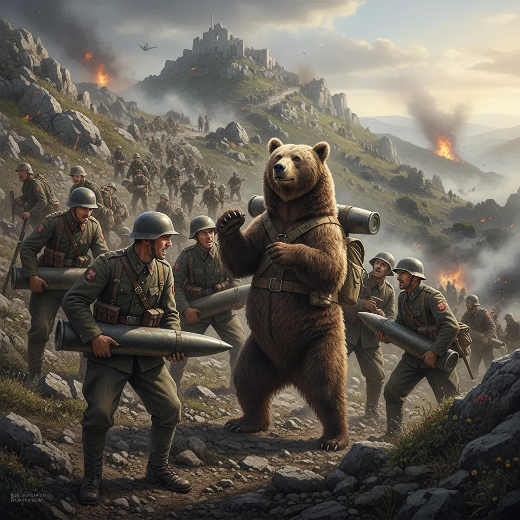 Wojtek the bear carrying artillery shells with Polish soldiers in WWII.
