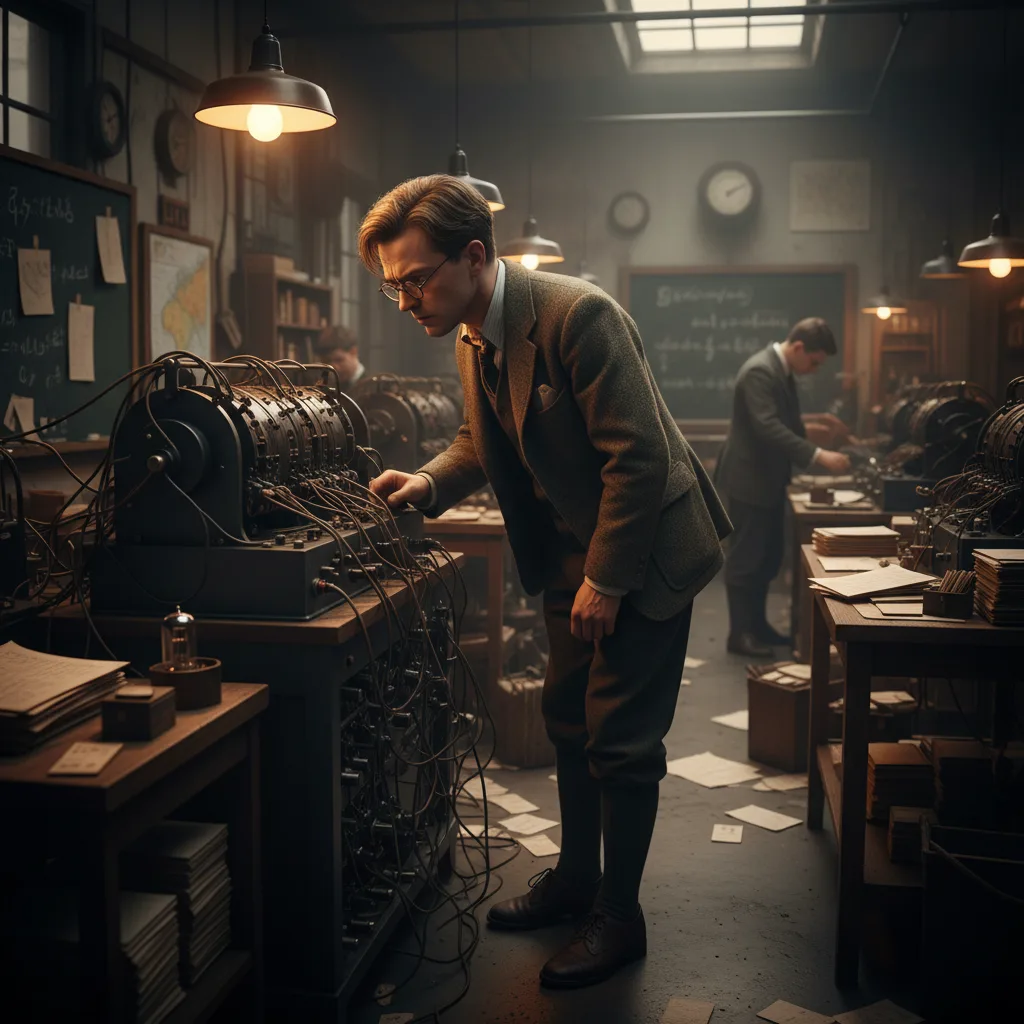 Alan Turing working on an Enigma machine at Bletchley Park.