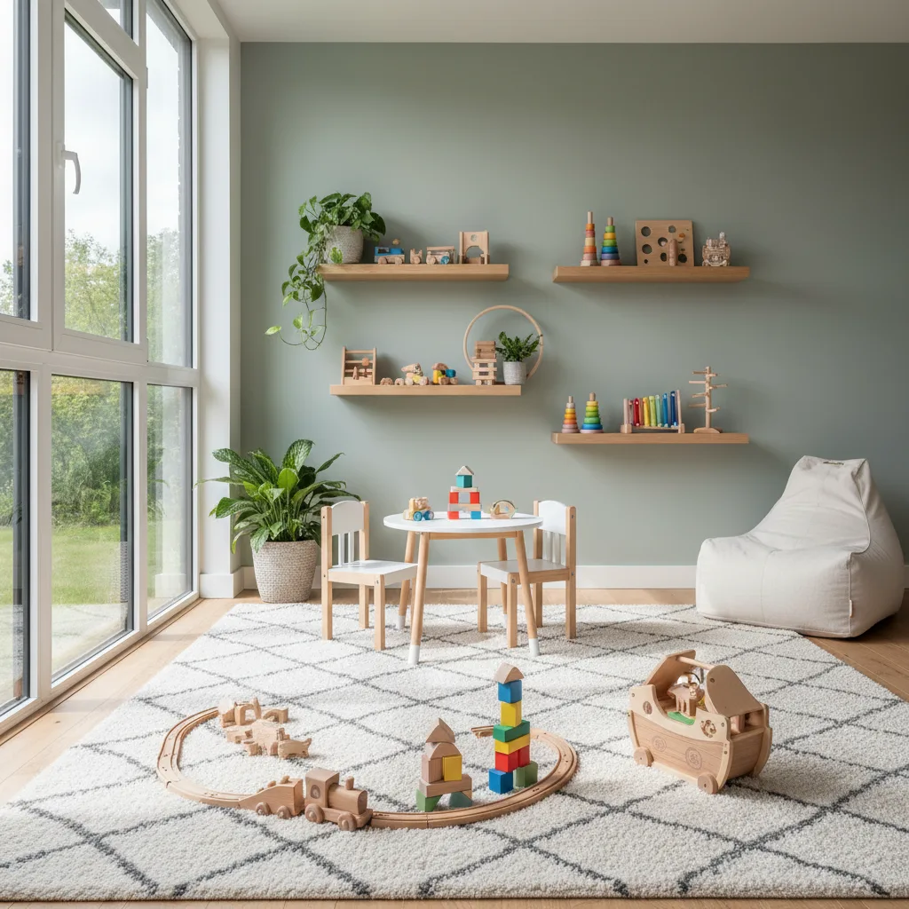 Area giochi per bambini calma e organizzata con meno giocattoli.