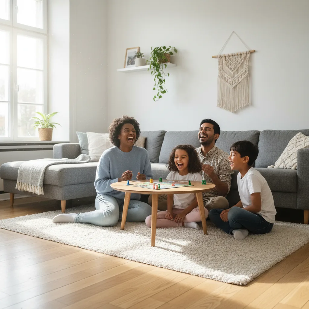 Famiglia gioiosa che si connette in un soggiorno tranquillo e ordinato.