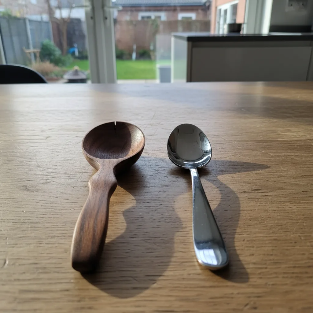 Cuillère en bois faite à la main à côté d'une cuillère en métal minimaliste et élégante.