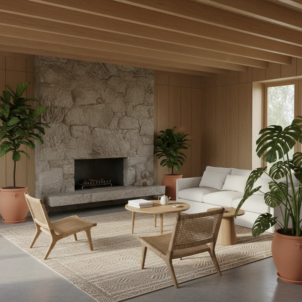 Salon minimaliste avec de riches textures naturelles.
