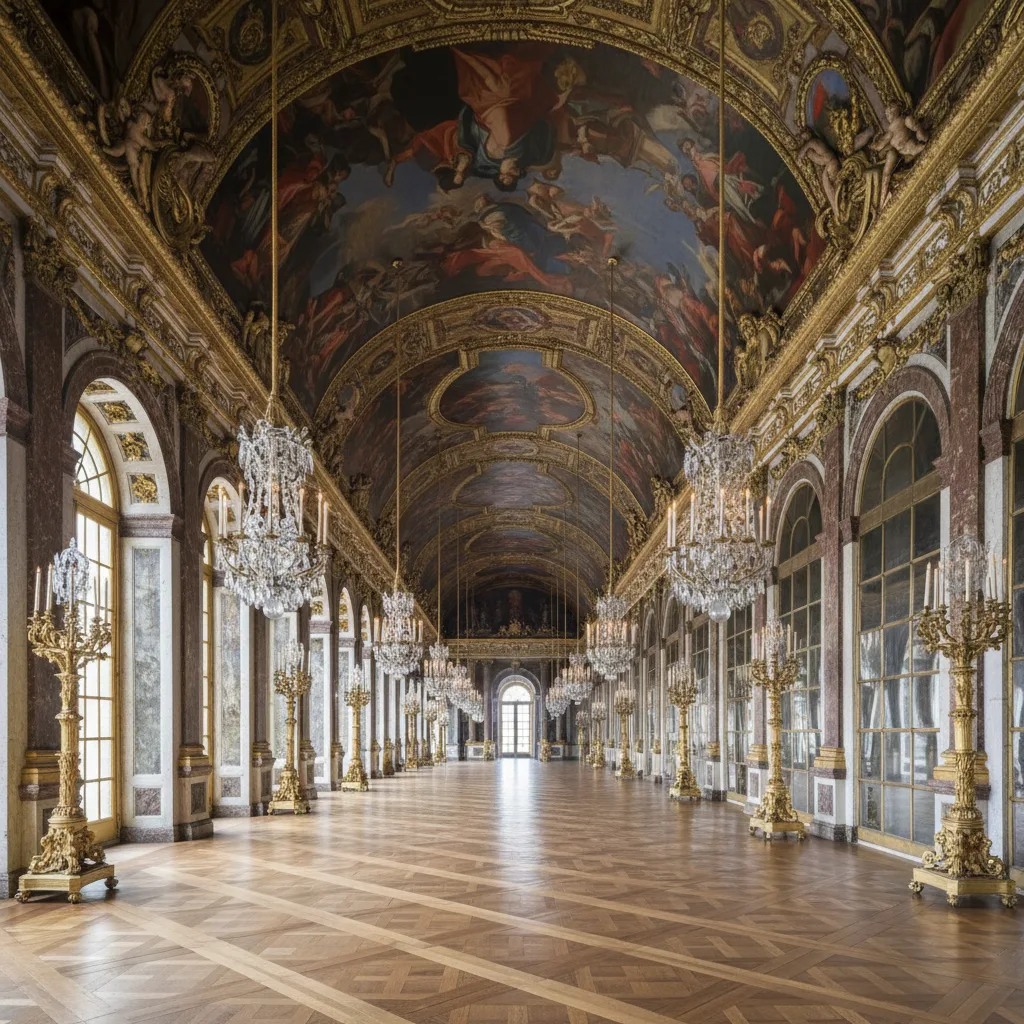 Somptueuse Galerie des Glaces baroque, dorée et ornée de fresques.