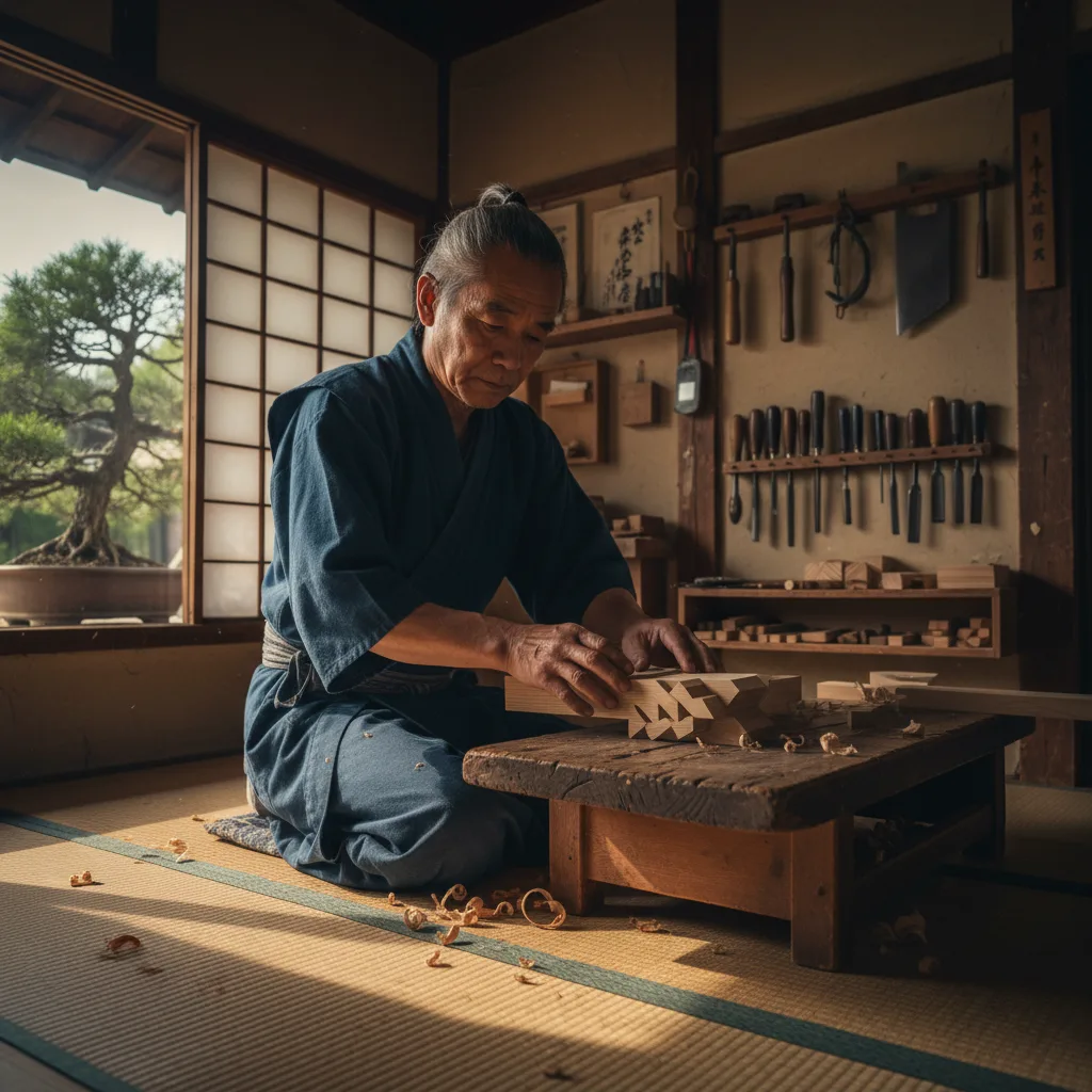 Artisan japonais fabriquant des assemblages traditionnels complexes en bois.
