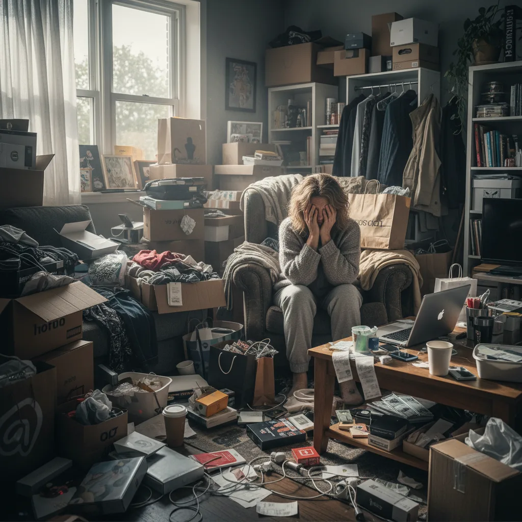 Personne dépassée entourée de nombreuses possessions et de sacs de courses.