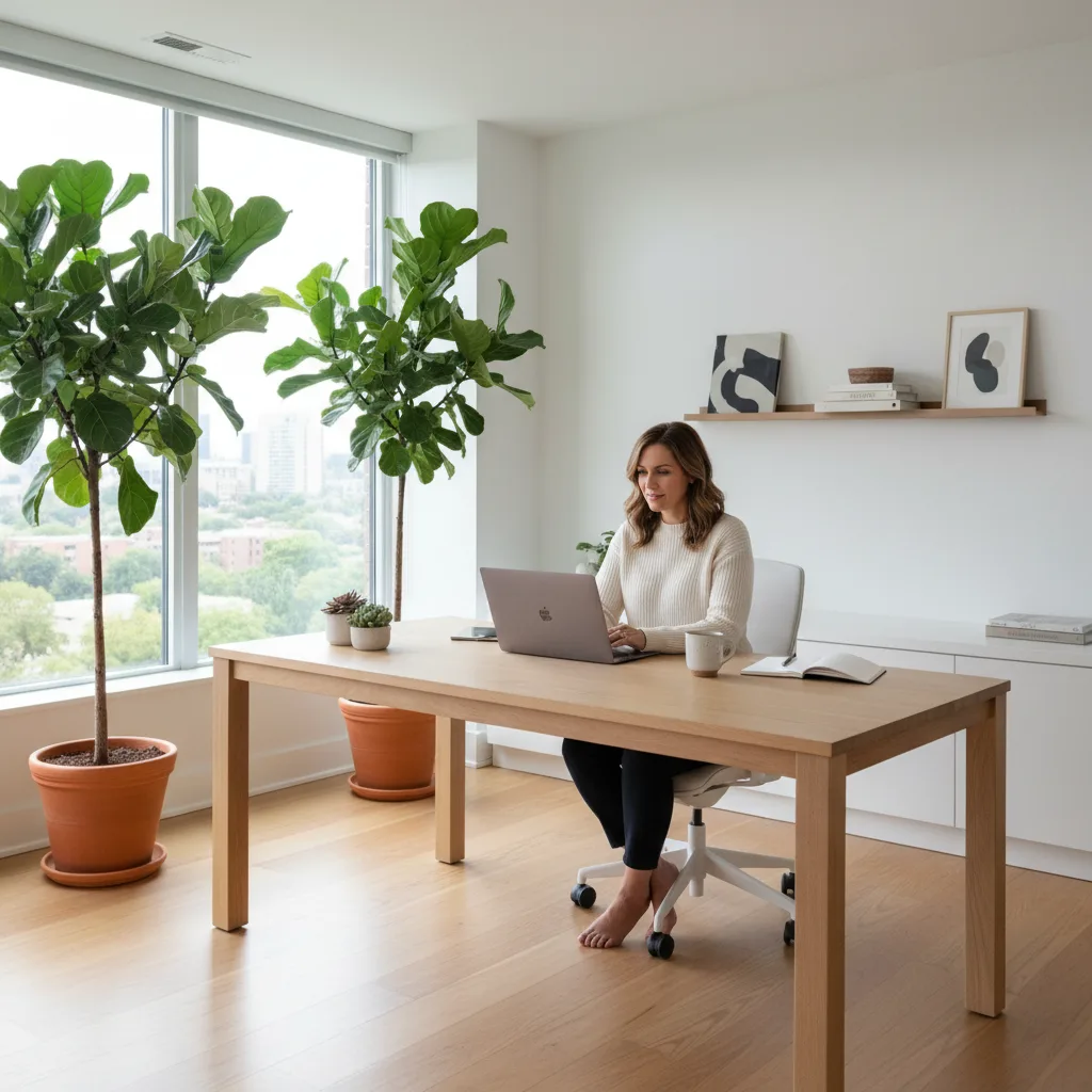 Personne calme et concentrée dans un bureau à domicile minimaliste et organisé.