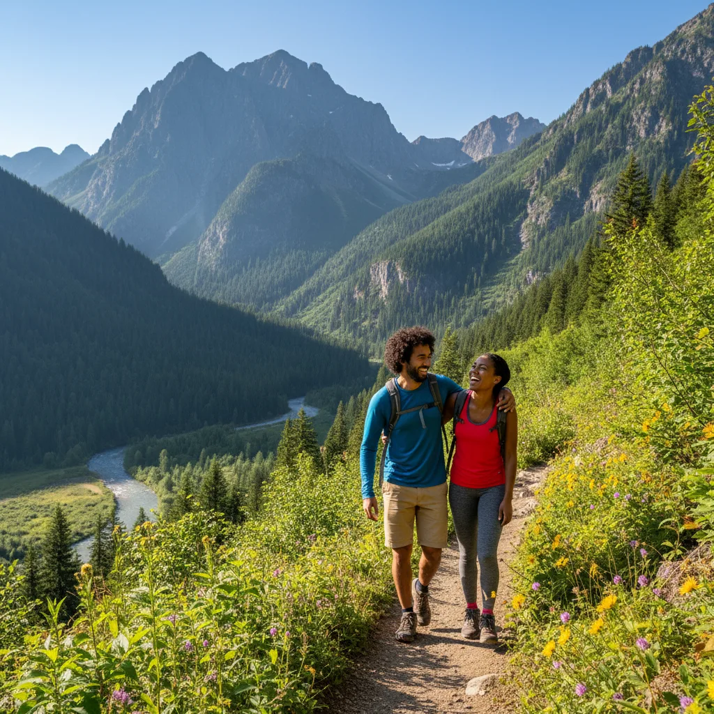 Couple heureux en randonnée en plein air, profitant de la nature et l'un de l'autre.