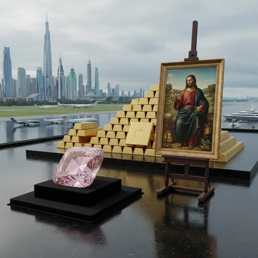 Pink Star Diamond, Salvator Mundi, gold, and tech company logos.