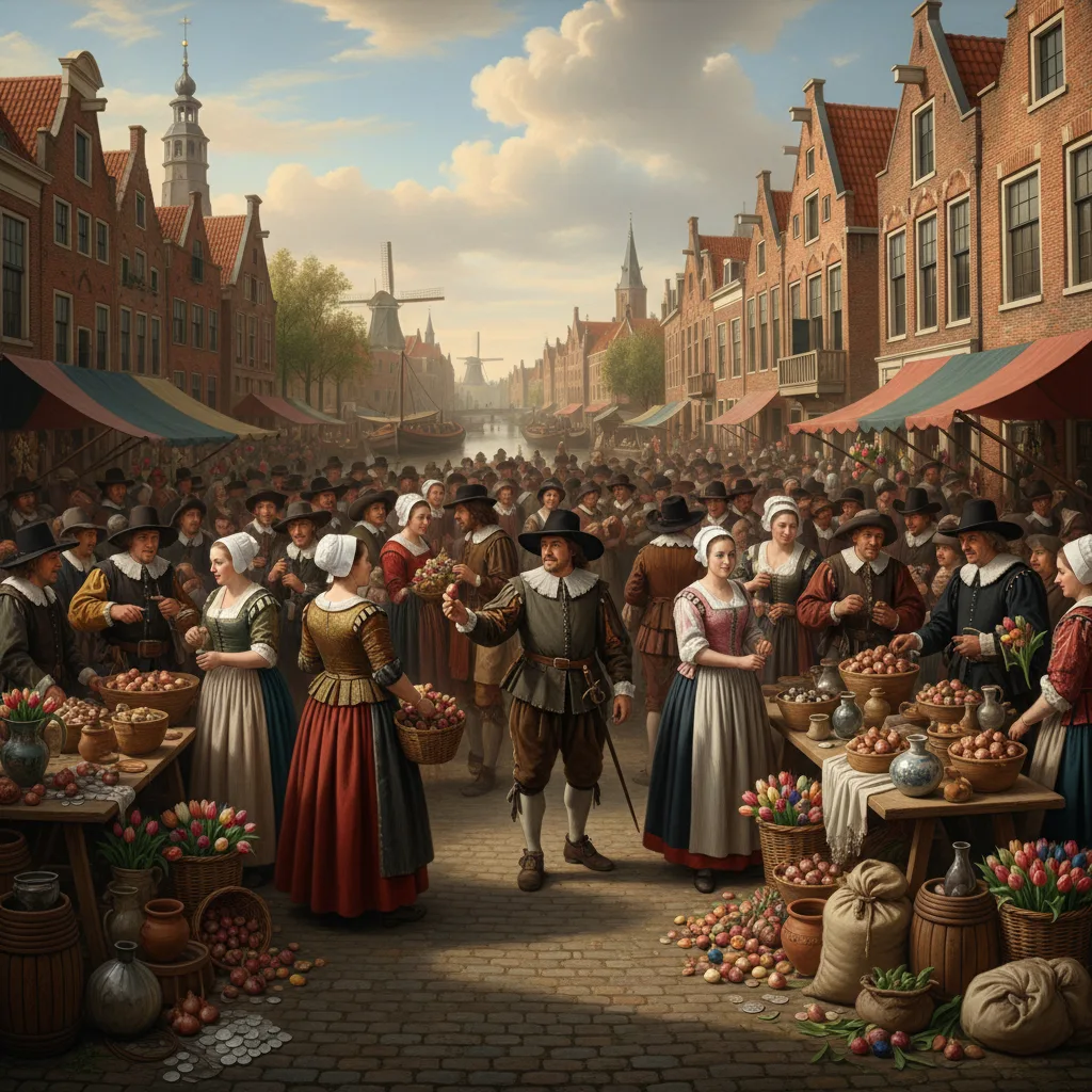17th-century Dutch market, people trading for tulip bulbs.