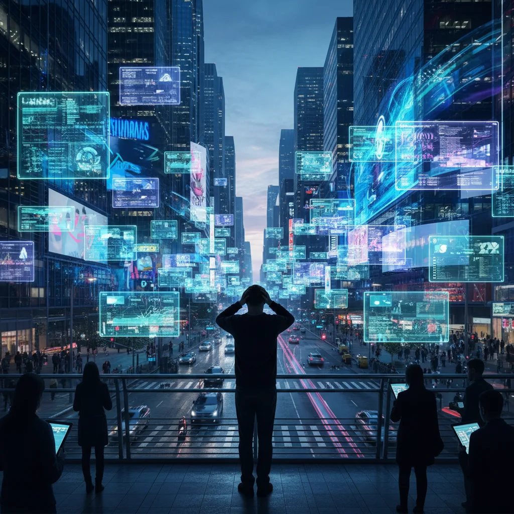 Person overwhelmed by digital notifications and information overload.