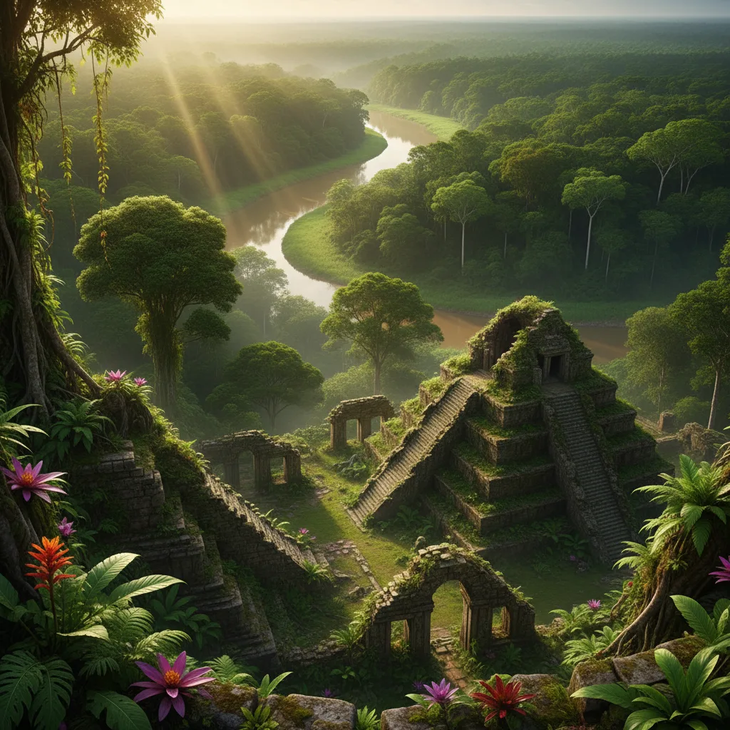 Lush Amazon rainforest with hints of ancient ruins.