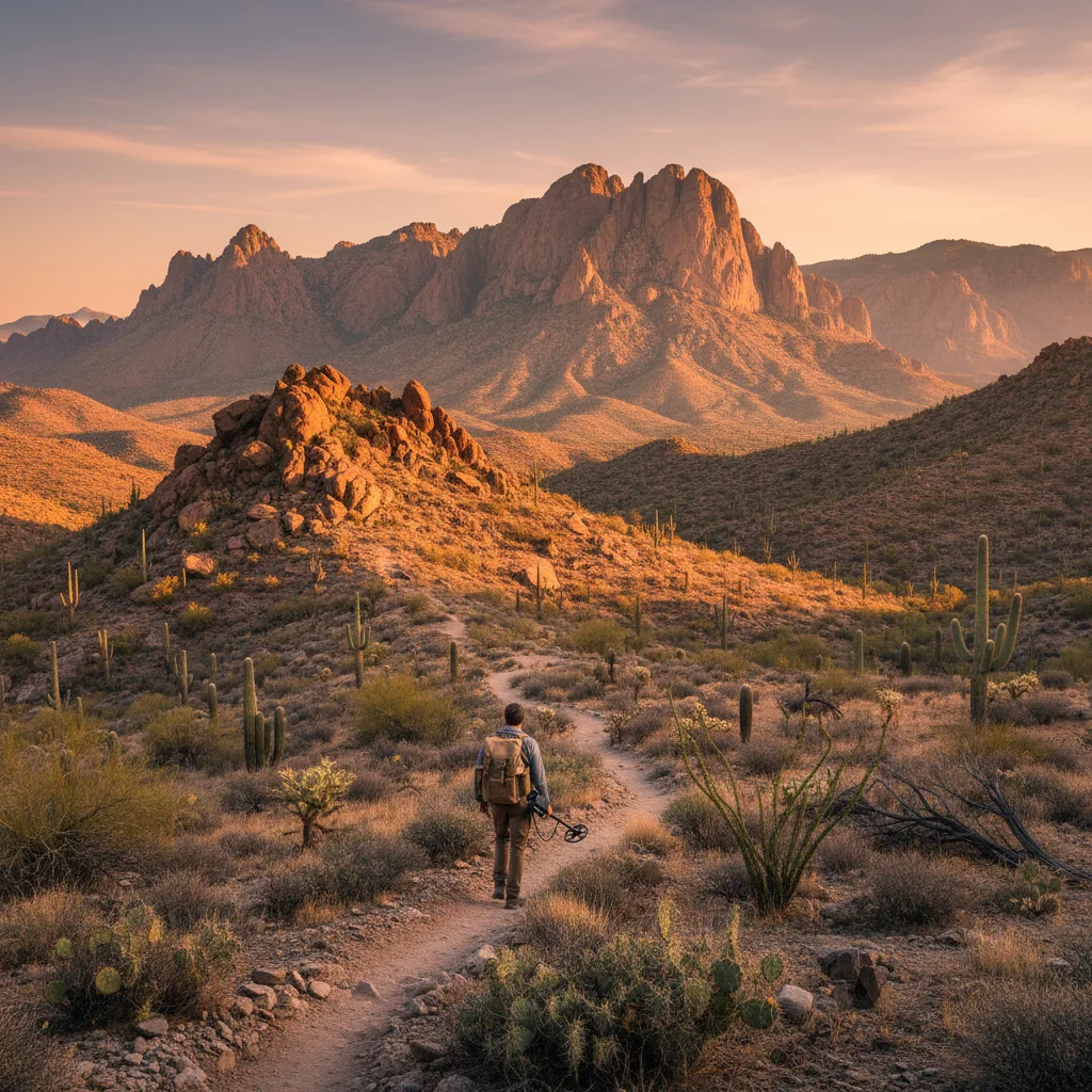 Lone prospector searching in Arizona's rugged Superstition Mountains.