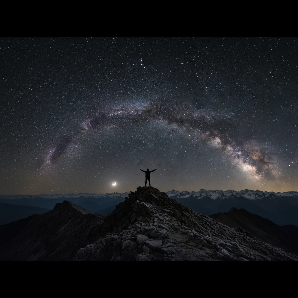 Person gazing at a star-filled night sky from a mountain.