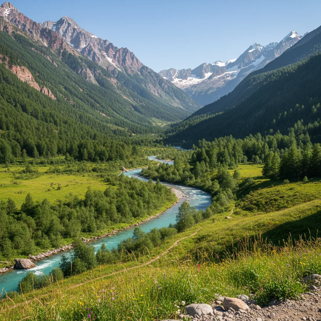 Lush, vibrant Earth landscape with flowing river and mountains.