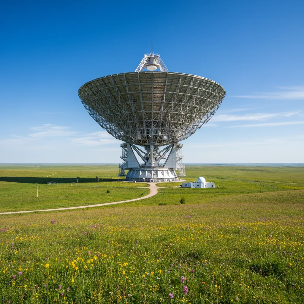 Large radio telescope dish under a clear sky.