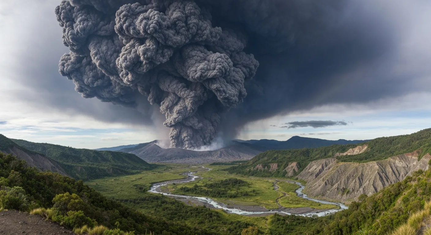 Towering ash plume from a violent stratovolcano eruption.