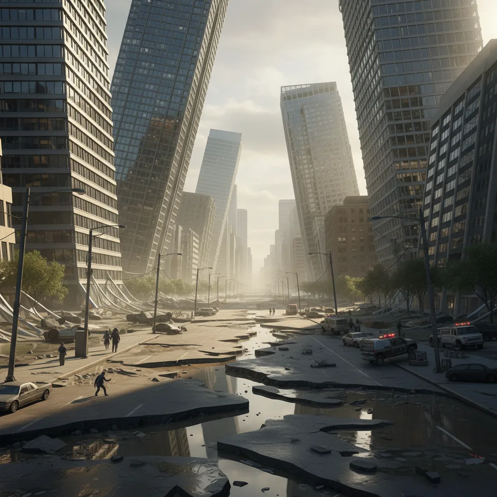 Tilted buildings and cracked ground from liquefaction.