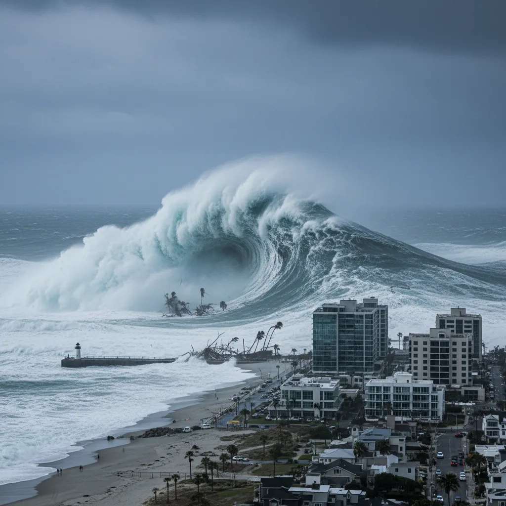 Gigantic tsunami wave engulfing a coastal town.
