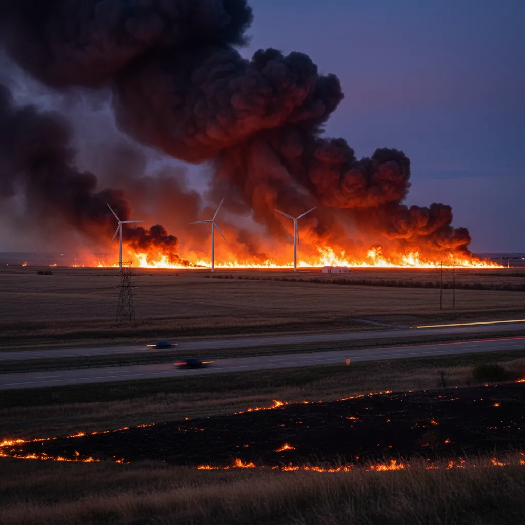 Nebraska prairie engulfed in massive wildfire, smoke plumes, orange glow.
