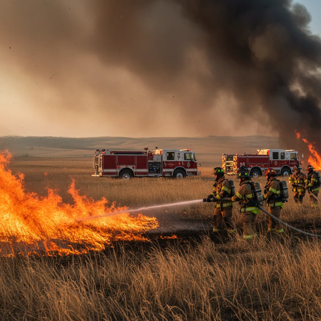 Volunteer firefighters battle a raging prairie wildfire in Nebraska.