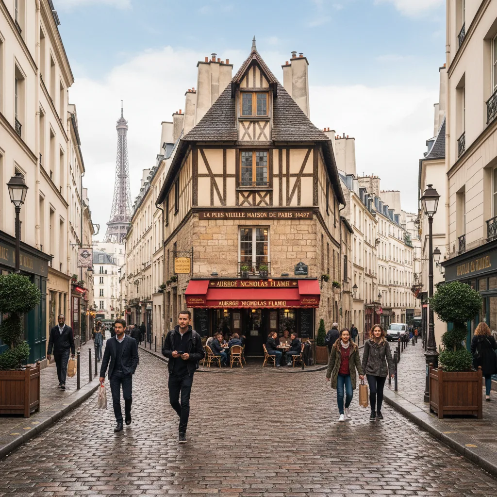 Historic Parisian street with Flamel's house, ancient architecture.