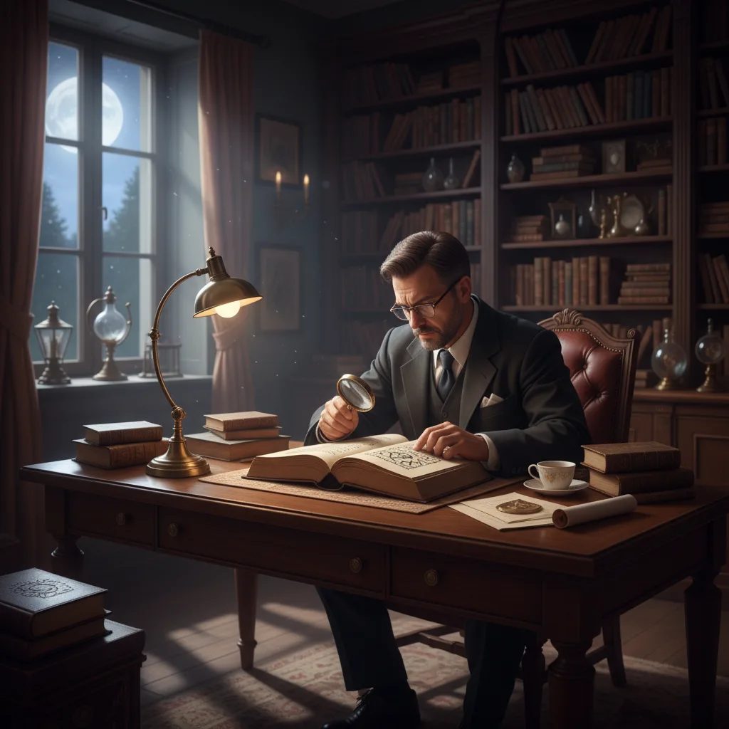 Modern scholar intently studying an ancient, mysterious manuscript.