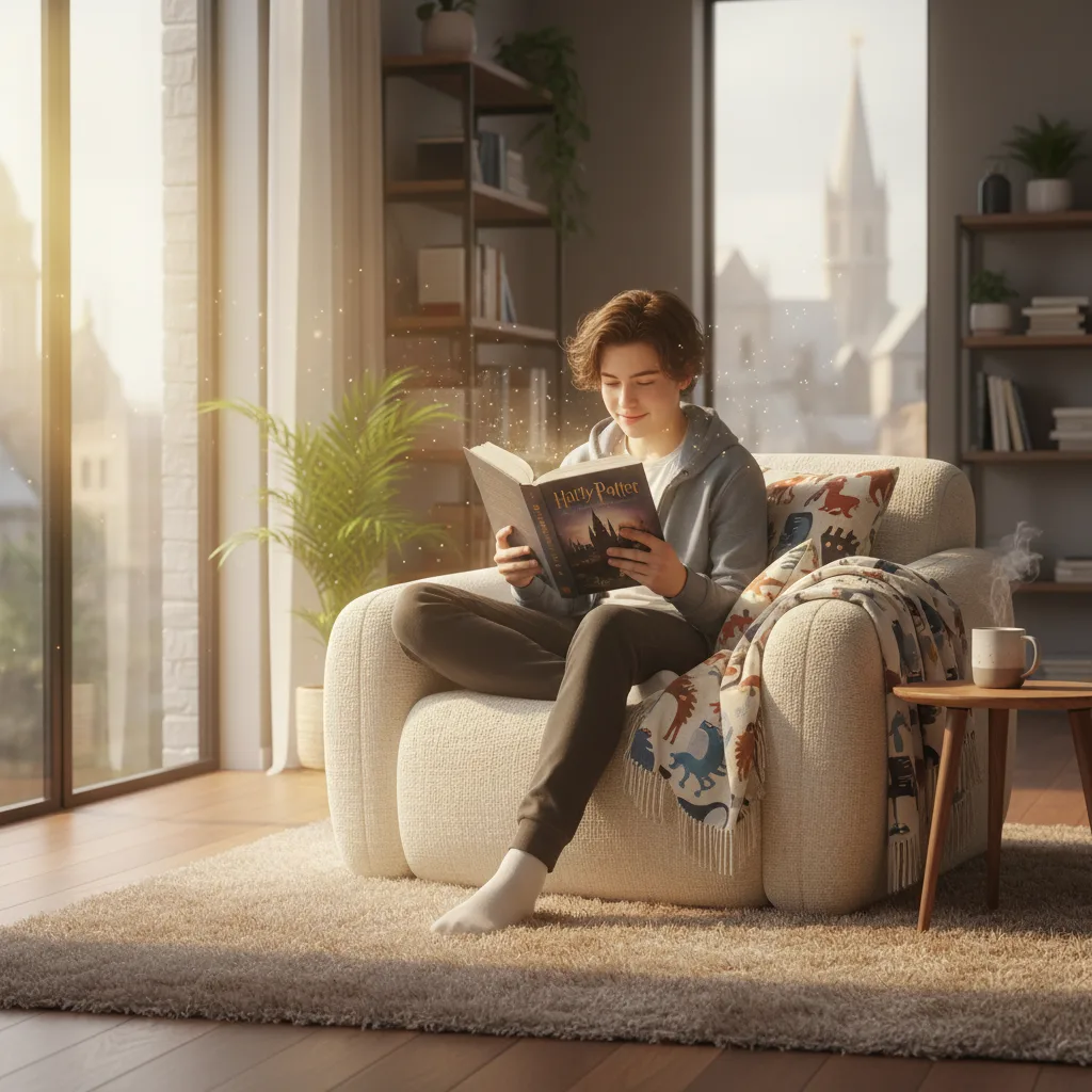Young reader engrossed in a fantasy novel, imagining magic.