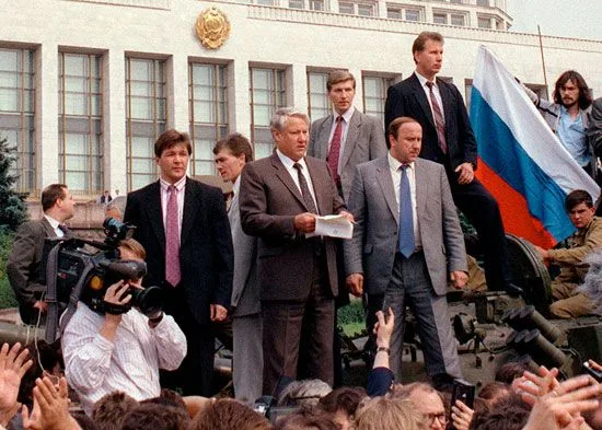 The dissolution of the Soviet Union in December 1991, marked by events like Boris Yeltsin standing o