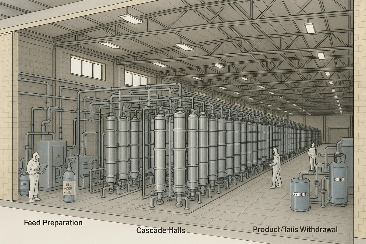 Une installation d'enrichissement d'uranium, souvent caractérisée par de vastes halls remplis de centrifugeuses, est une technolo