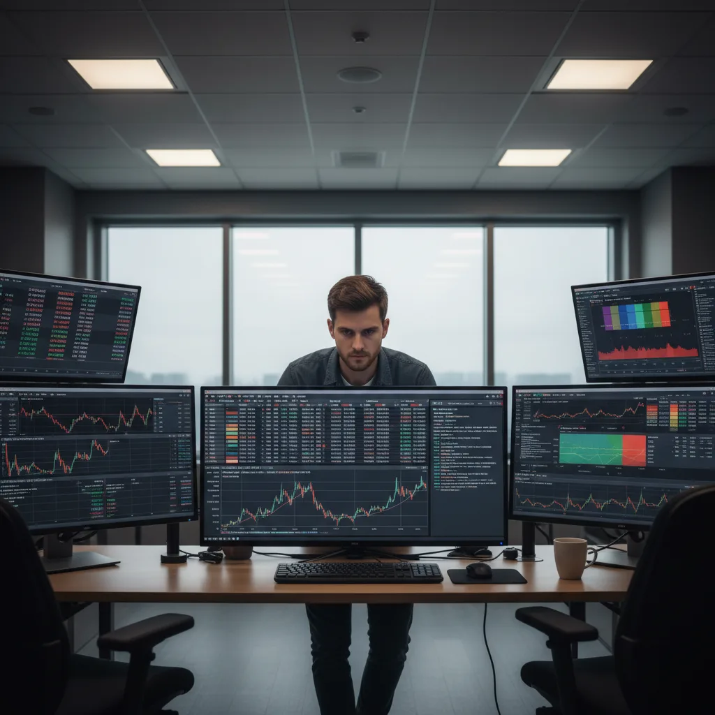 Trader analyzes complex options strategies for market volatility.