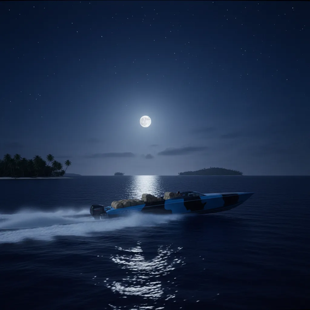 Go-fast boat smuggling cocaine across Caribbean waters at night.