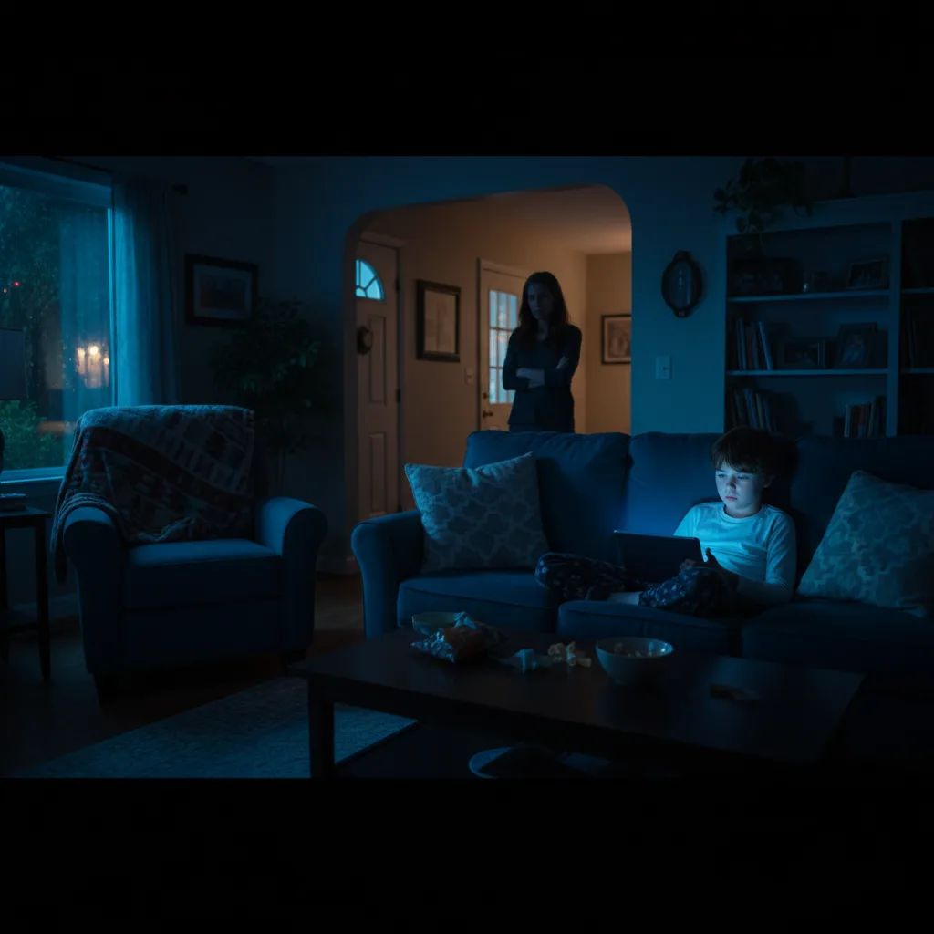 Mother discovers son secretly playing tablet late at night.