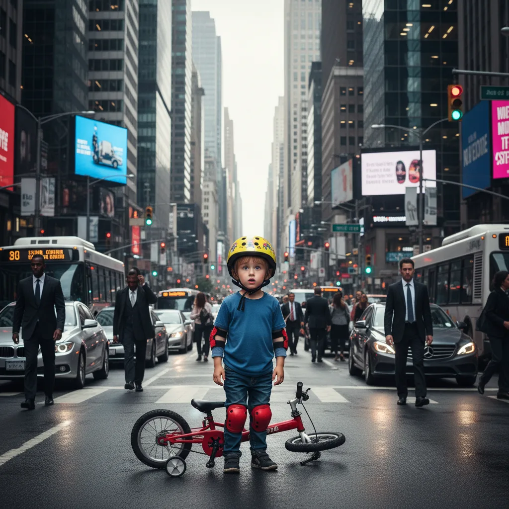Child with helmet and pads in busy city traffic.