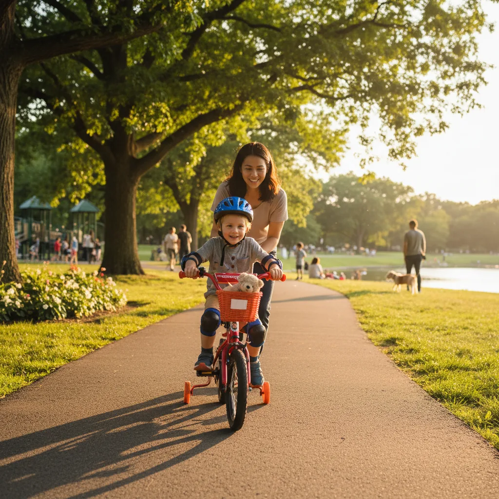 Child learning to ride a bicycle with training wheels.
