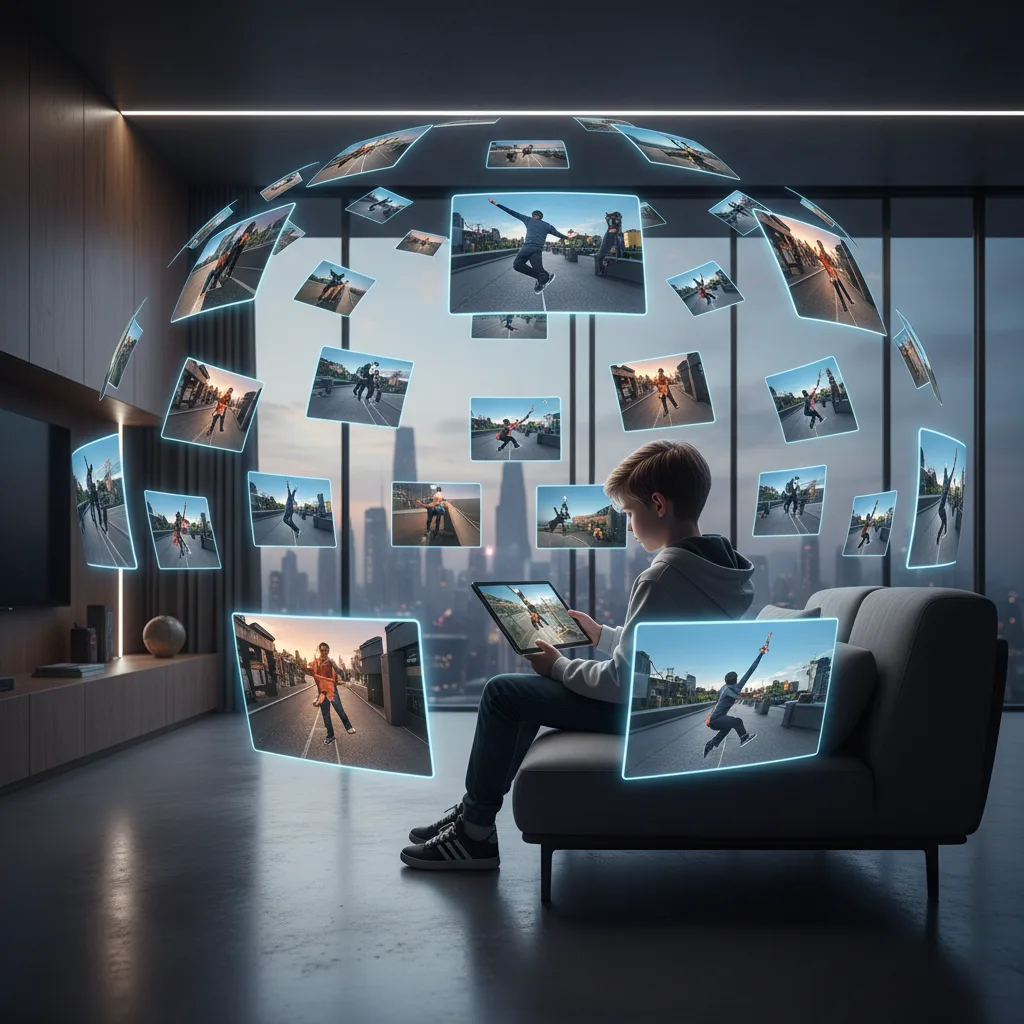 Child surrounded by screens showing similar content.