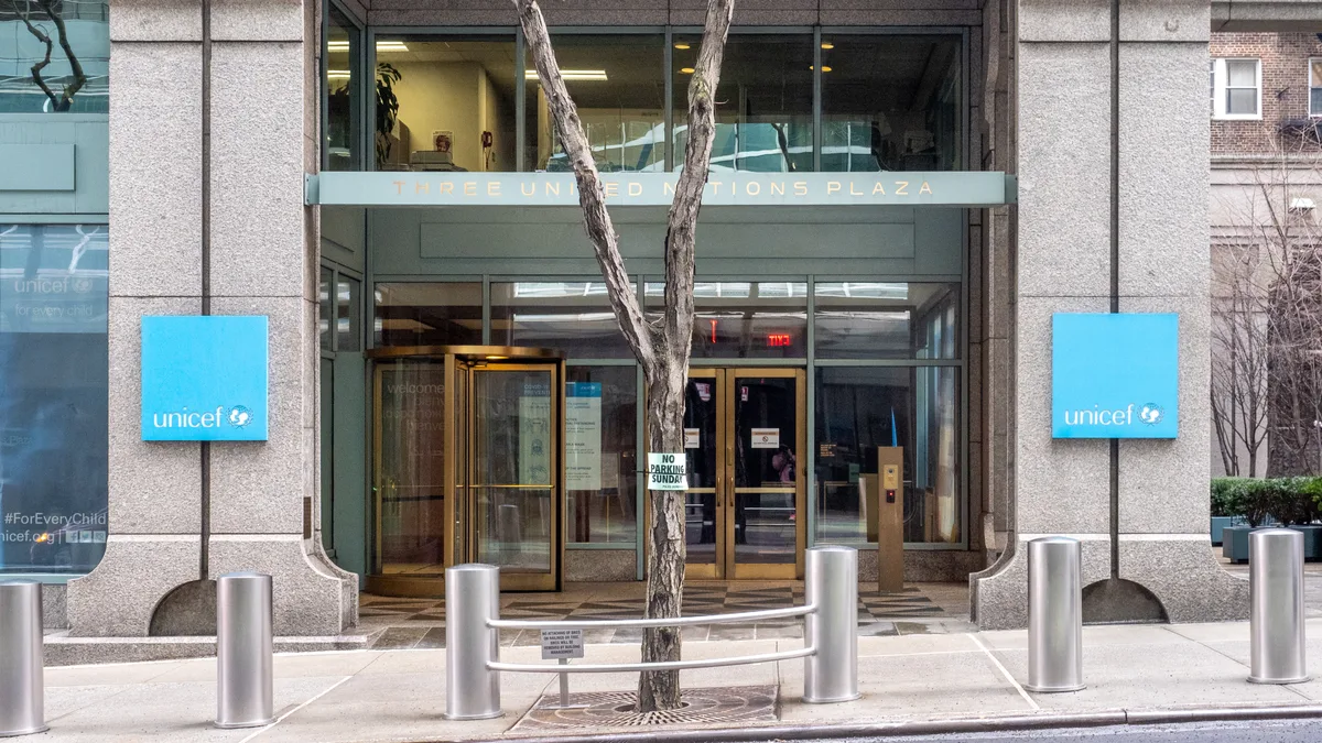 The UNICEF headquarters in New York City. UNICEF advocates for children's rights globally, emphasizi