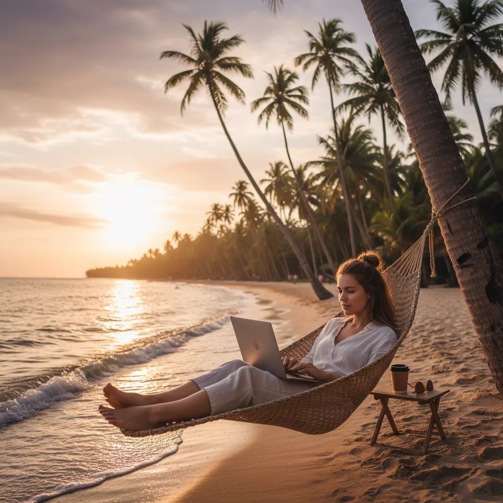 Digital nomad working on laptop overlooking a beautiful beach at sunset.