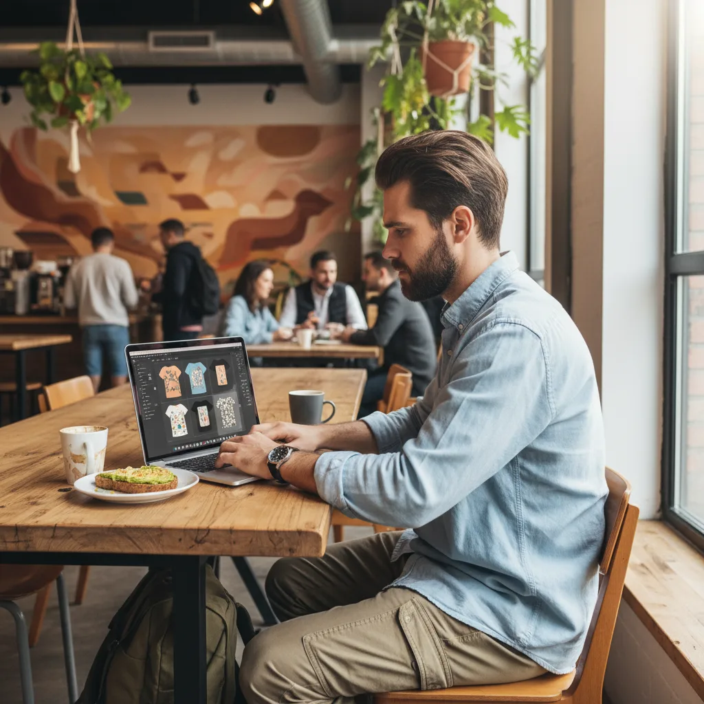 Digital nomad designing print-on-demand products on laptop in a cafe.