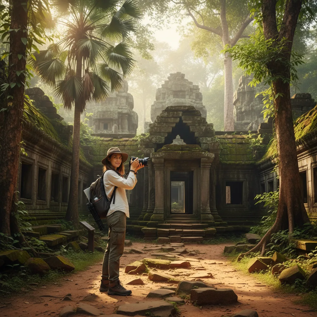 Digital nomad taking photos for content while exploring an ancient ruin.