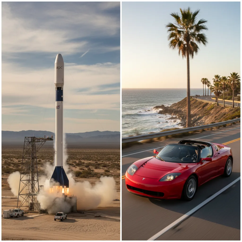 Les entreprises audacieuses d'Elon Musk : une des premières fusées de SpaceX et le Tesla Roadster.