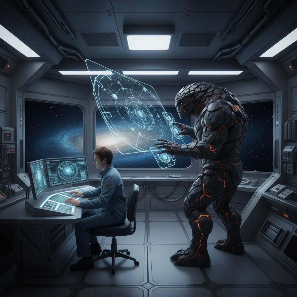 Ryland Grace and alien Rocky collaborate in a hybrid spaceship lab.