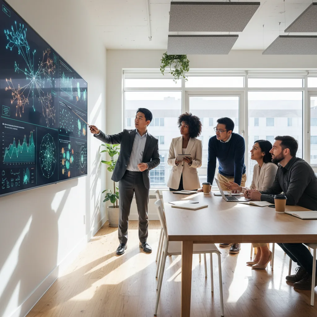 Professionals collaborating, analyzing complex data in a modern office.