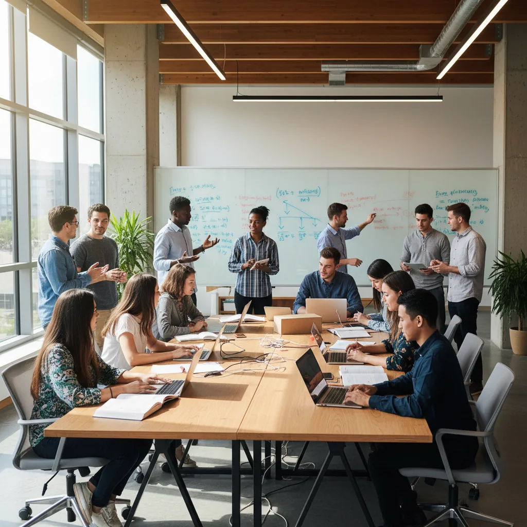 Diverse individuals engaged in collaborative learning and skill development.