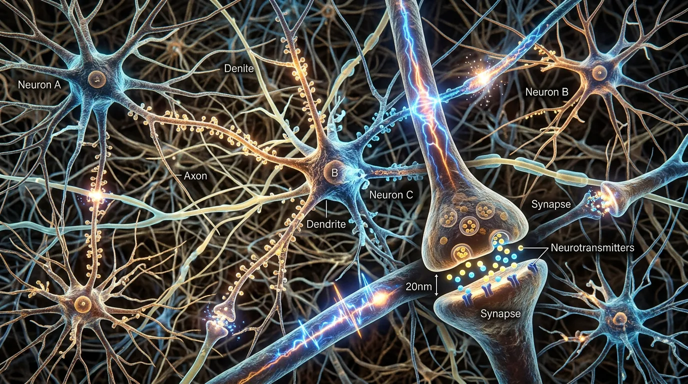 Microscopic view of neurons communicating through electrochemical signals.