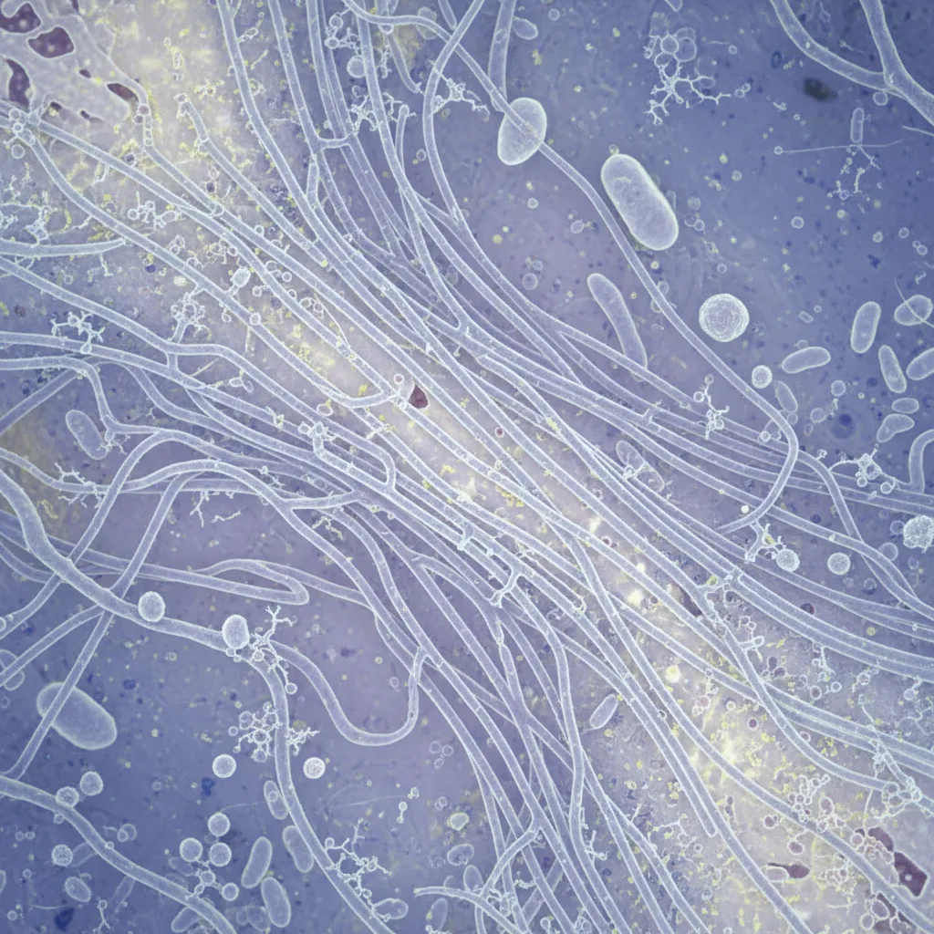 Microscopic view of intricate microtubules within a neuron.