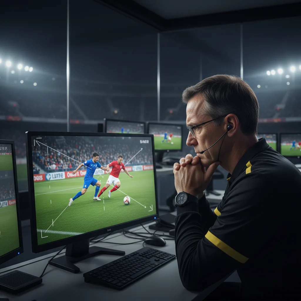 Football referee reviewing a contentious play on a VAR screen.