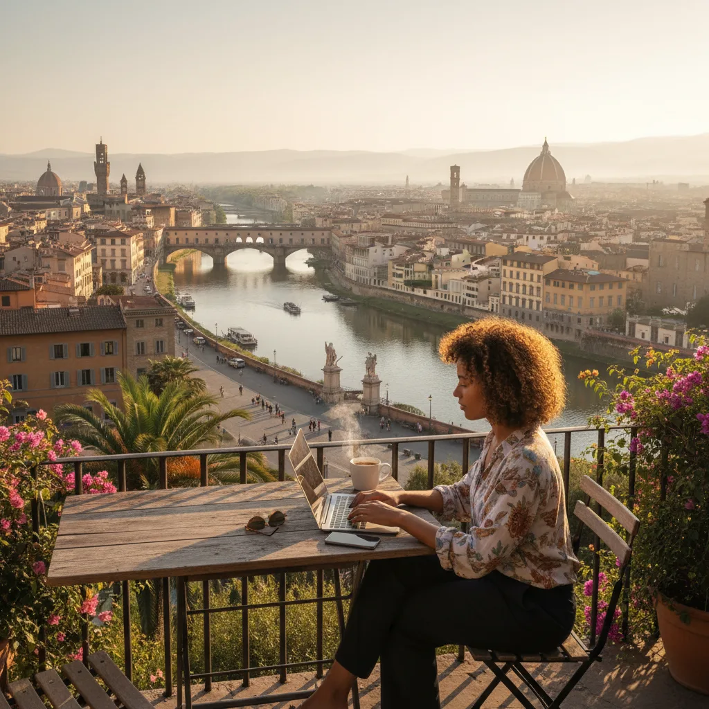 Digital nomad works on laptop overlooking a beautiful travel destination.