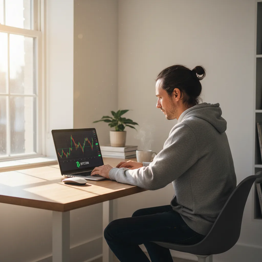 Person working remotely on laptop, crypto symbols on screen.