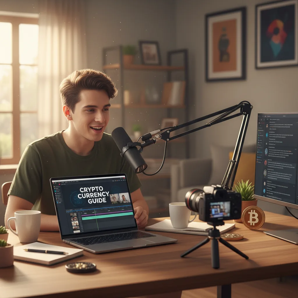 Creator making crypto content, laptop, microphone, camera.